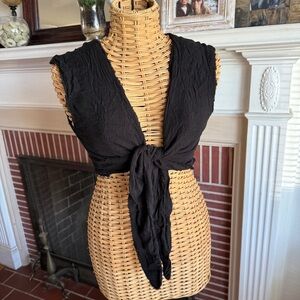 Free People One black boho gauzy tie front crop top